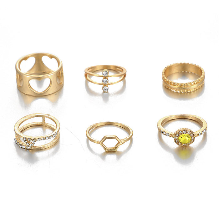 Yellow diamond geometric heart hollow ring 6-piece set