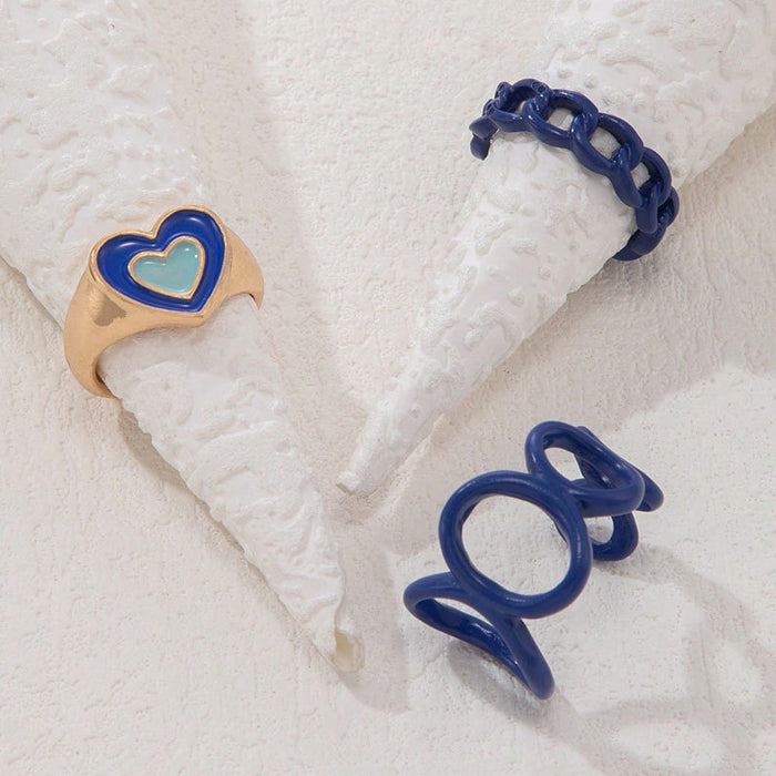 Niche design blue oil drop heart three-piece ring set