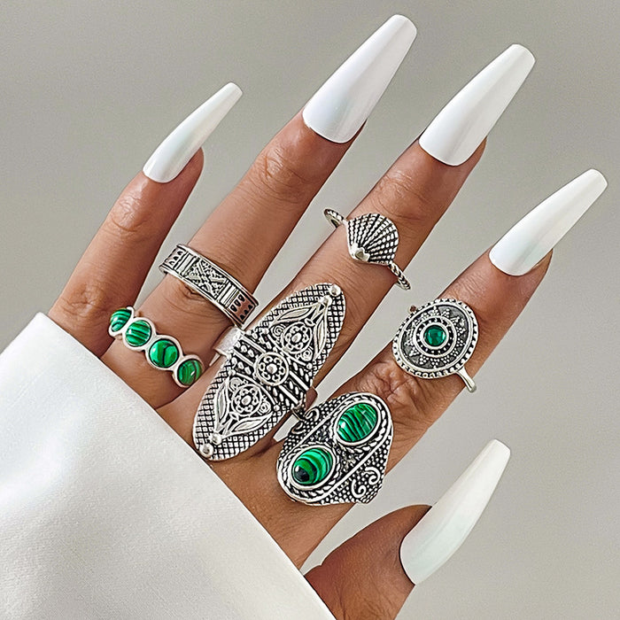 Ethnic Turquoise Ring Set - 6pcs Vintage Totem Fan Rings