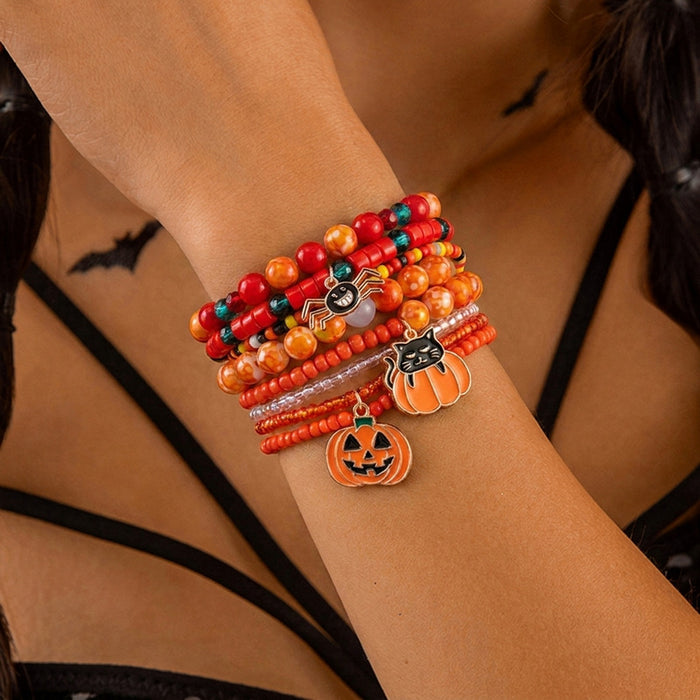 Wholesale Halloween Stackable Polymer Clay Bracelet Sets - Spooky Pumpkin, Ghost & Skull Spelled Beaded Stretch Bracelets