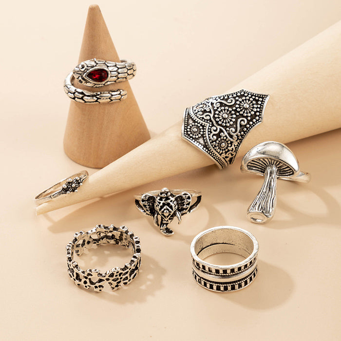 Mushroom Snake Elephant Silver Ring 7-Piece Set