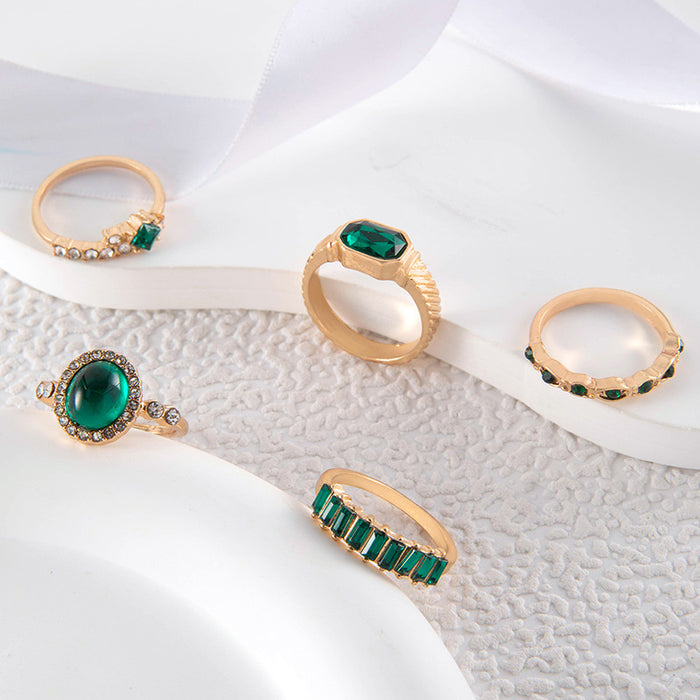 Conjunto de seis anillos de lujo retro geométricos con incrustaciones de diamantes verdes