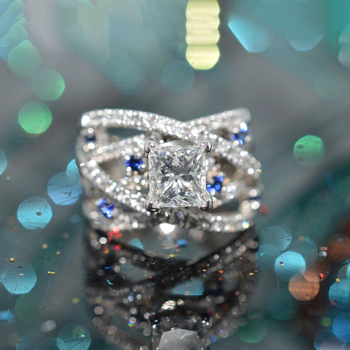 Women's cross-line square imitation sapphire ring