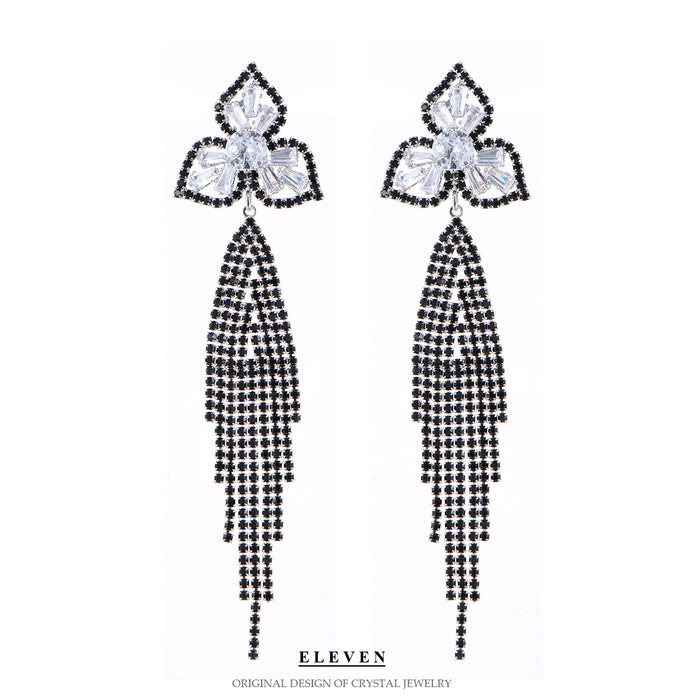 Silver Needle Floral Tassel Earrings - Luxurious Rhinestone Dangles for a Bold Look