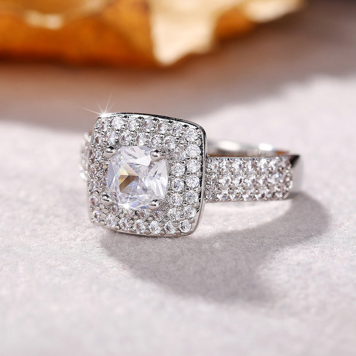 Anillo de compromiso de lujo con diamante y circonita cuadrada de princesa con microincrustaciones de diamantes