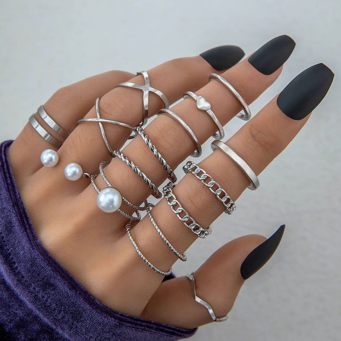 Juego de anillos de perlas y trenzados: 15 anillos con forma de cruz de corazón para mujer