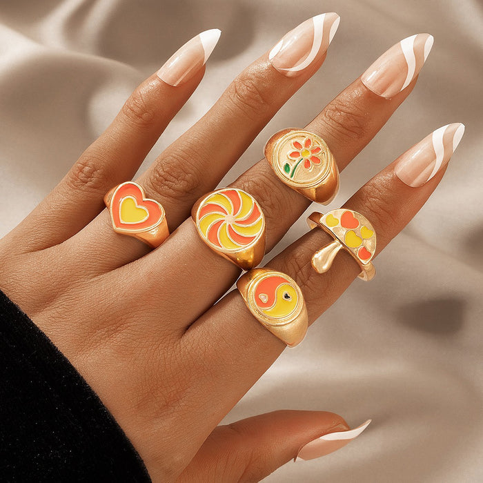 Colorful love flower pastoral style five-piece ring set