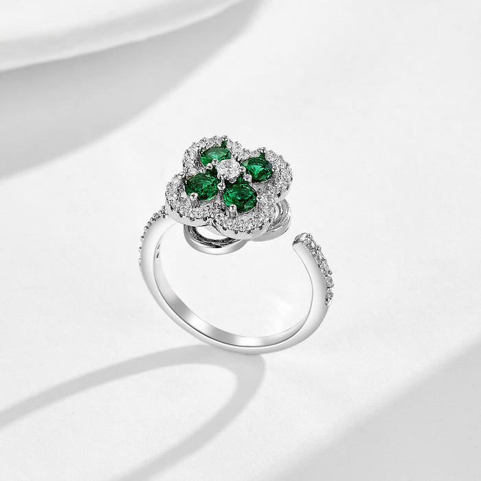 Wholesale copper micro-set green zircon four-leaf clover rotating ring