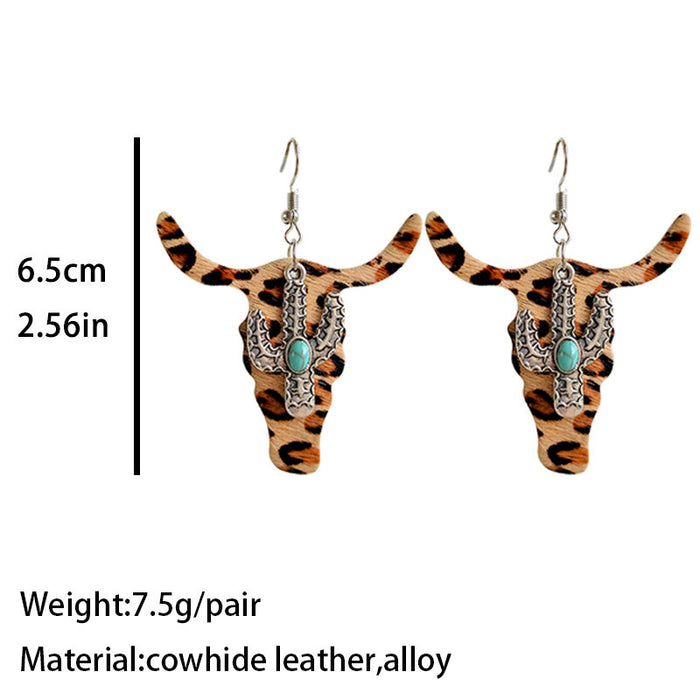 Classic Leopard Print Bullhead Earrings with Cowhide Leather and Cactus Design