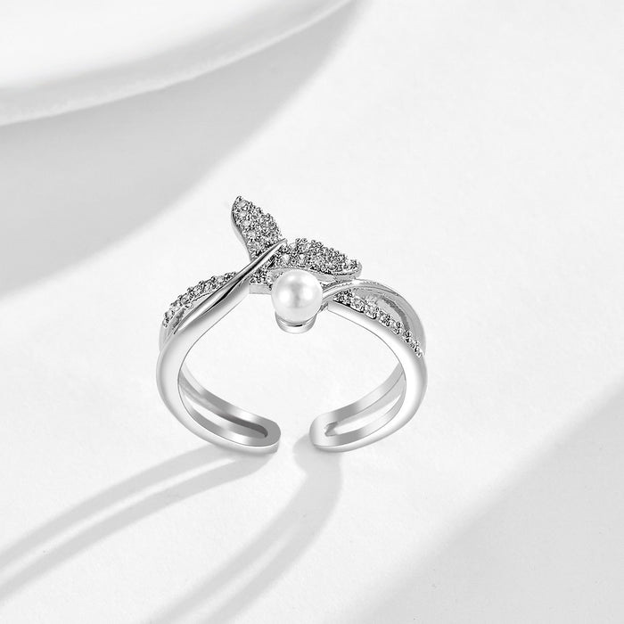 Wholesale colored gold micro-set zircon pearl fishtail ring