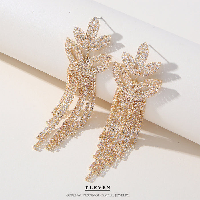 Leaf-Shaped Rhinestone Earrings - Sparkling Tassel Jewelry for a Sophisticated Look