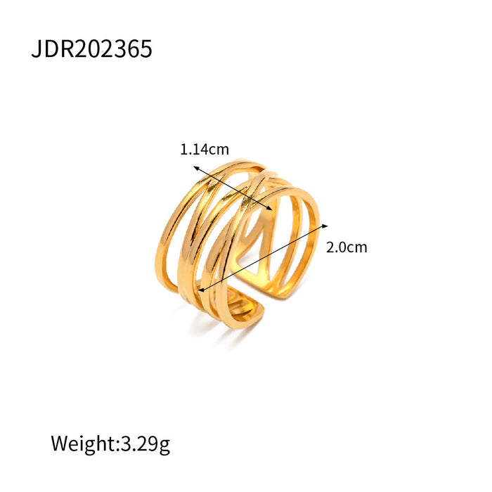 18K Gold Stainless Steel Starburst Zircon Ring with Wave Pattern