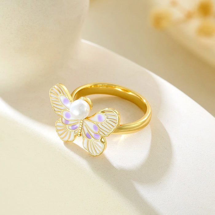 Wholesale copper micro-inlaid pearl enamel painted drop butterfly open ring