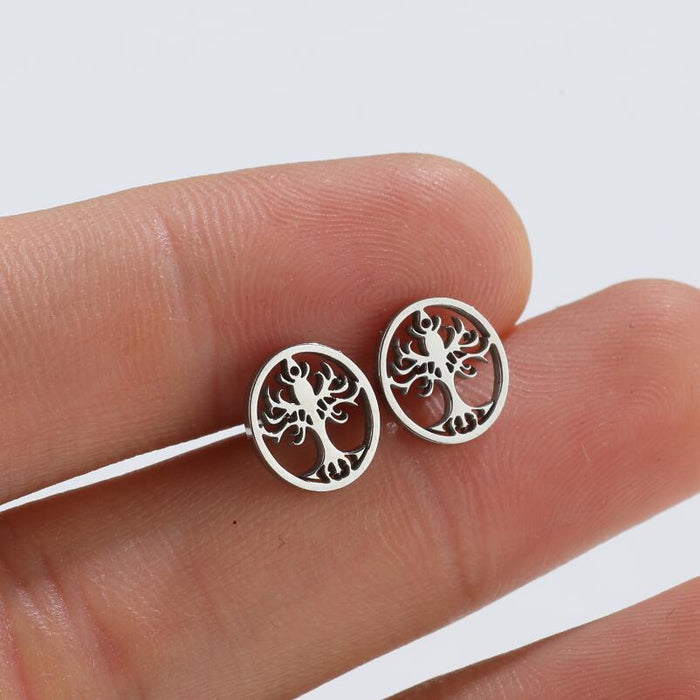 Pendientes de acero inoxidable con forma de árbol de la vida: joyas geométricas sencillas y elegantes