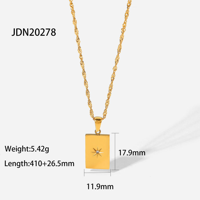 18K Gold-Plated Stainless Steel Round Pendant Necklace with Star Inlay