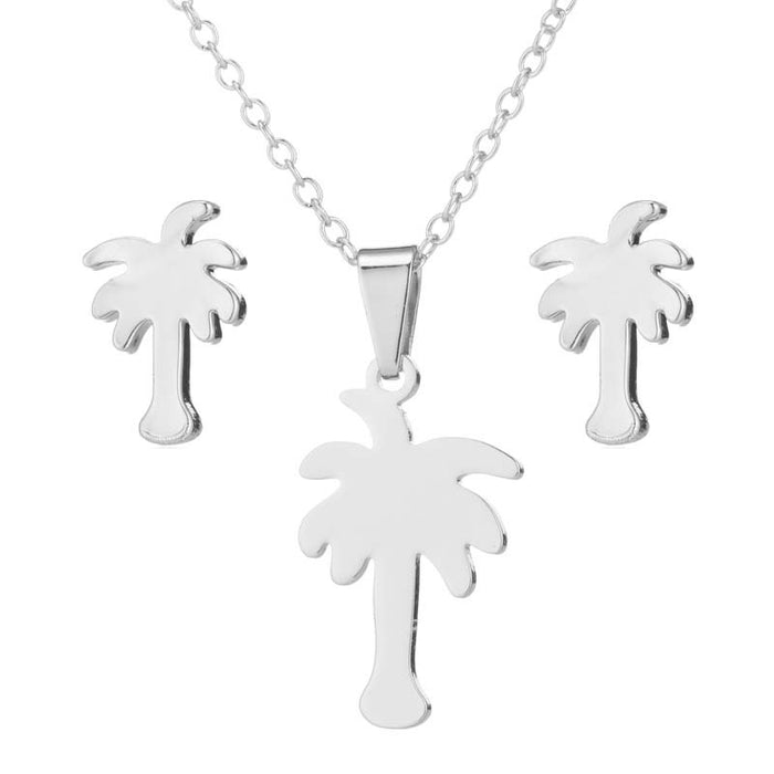 Palm Tree Stainless Steel Jewelry Set - Tropical Summer-Inspired Necklace and Earrings