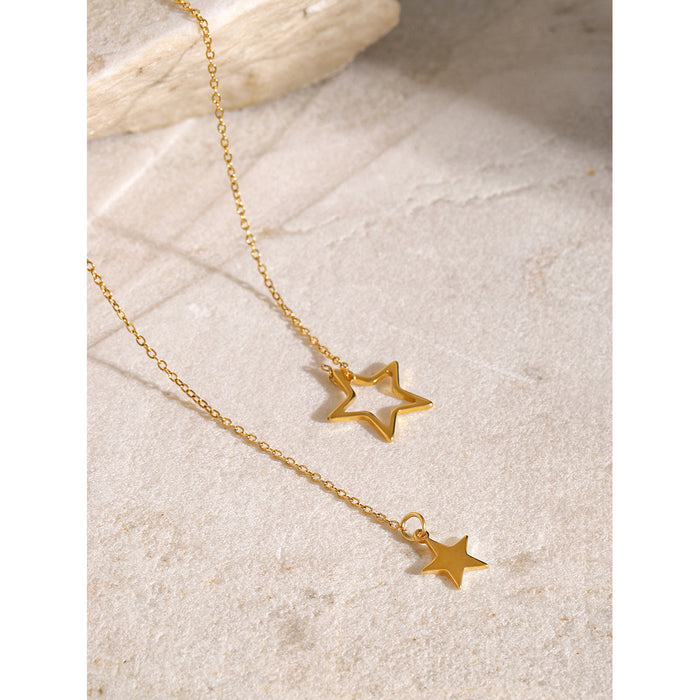 18K Gold-Plated Stainless Steel Y-Chain Necklace with Star Pendants - Simple Titanium Steel Jewelry for Women