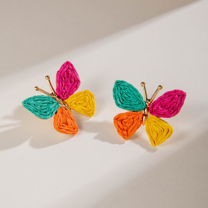 Bohemian colorful woven raffia butterfly earrings holiday style earrings