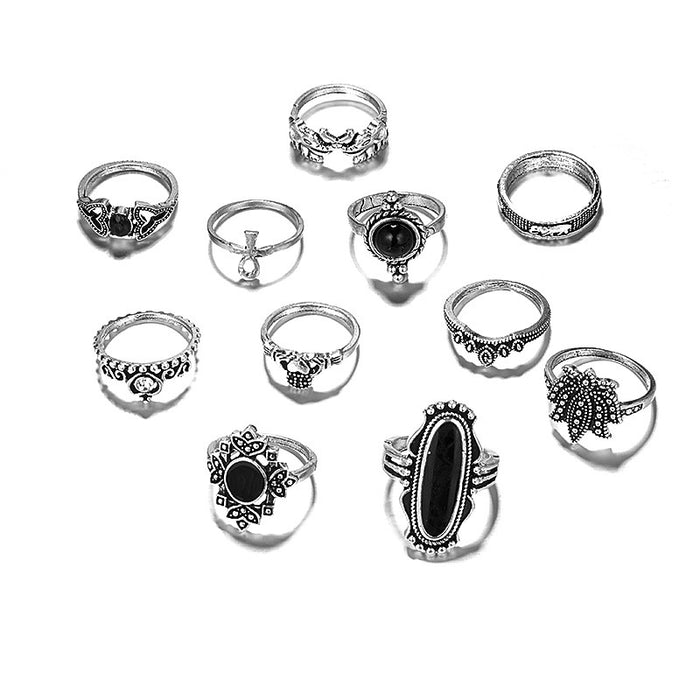 Bohemian Flower Ring Set - 11-Piece Vintage Black Gemstone Rings