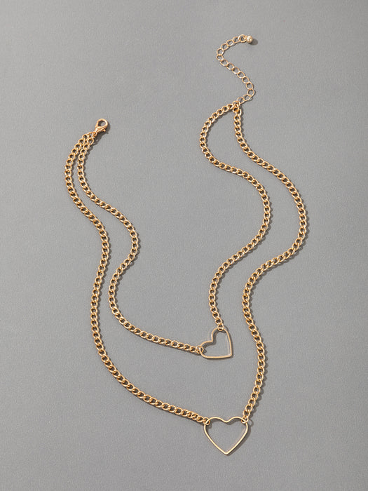 Gold Heart Double Layer Necklace with Geometric Alloy Hollow Multi-Layer Clavicle Chain