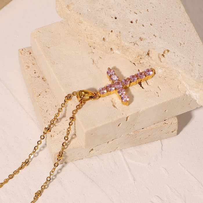 Trendy 18K Gold-Plated Stainless Steel Necklace - Pink Zircon Cross Pendant, Popular Women's Jewelry