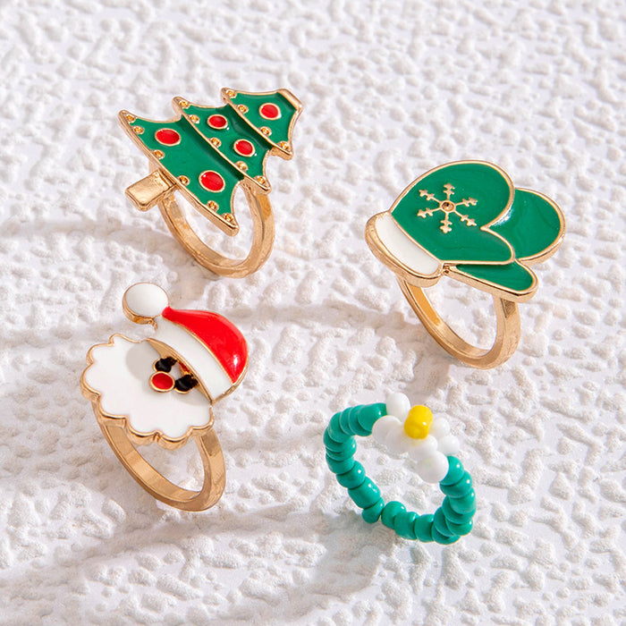 Christmas Enamel Ring Set - Cute Tree, Gloves, and Santa Four-Piece Set for Women