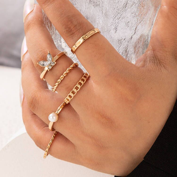 Butterfly diamond pearl ring set, geometric irregular braided pattern six-piece set