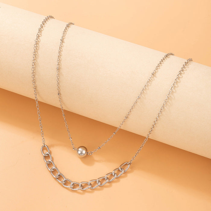 Simple Round Bead Double Layer Necklace with Geometric Metal Chain Design