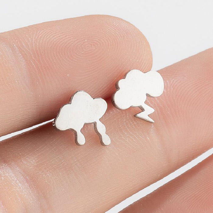 Cloud and Lightning Stainless Steel Stud Earrings - Asymmetric Weather-Themed Jewelry