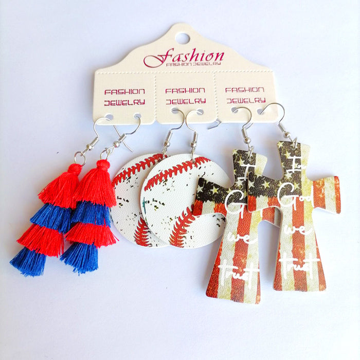 Independence Day PU Leather Earrings with Sports and Sunflower Teardrop Design