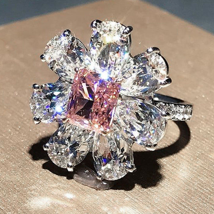 Pink Diamond Flower Zircon Ring Valentine's Day Romantic Proposal Ring