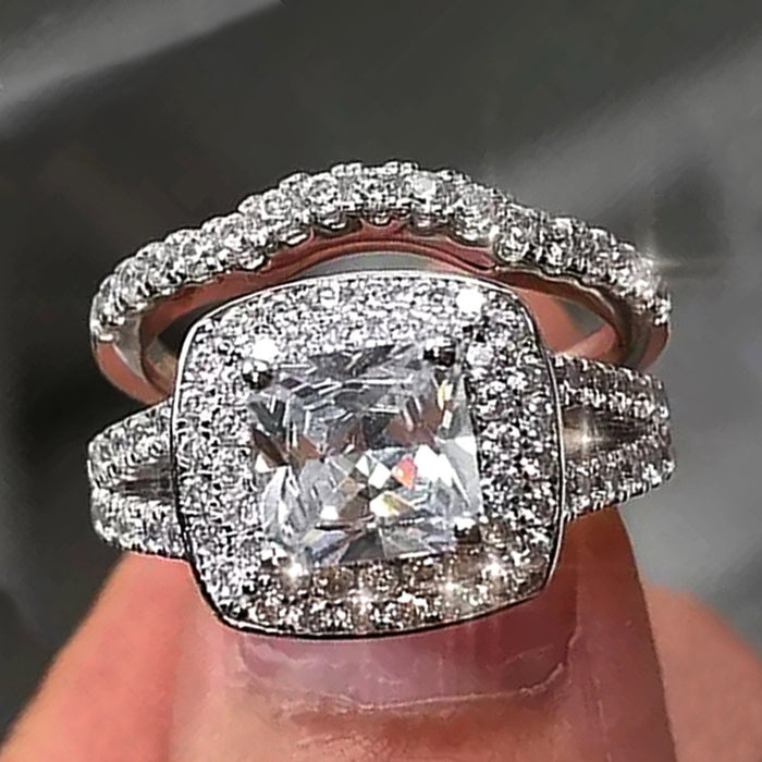 Exquisito anillo de dos piezas con diamantes cuadrados y circón, regalo de aniversario de boda