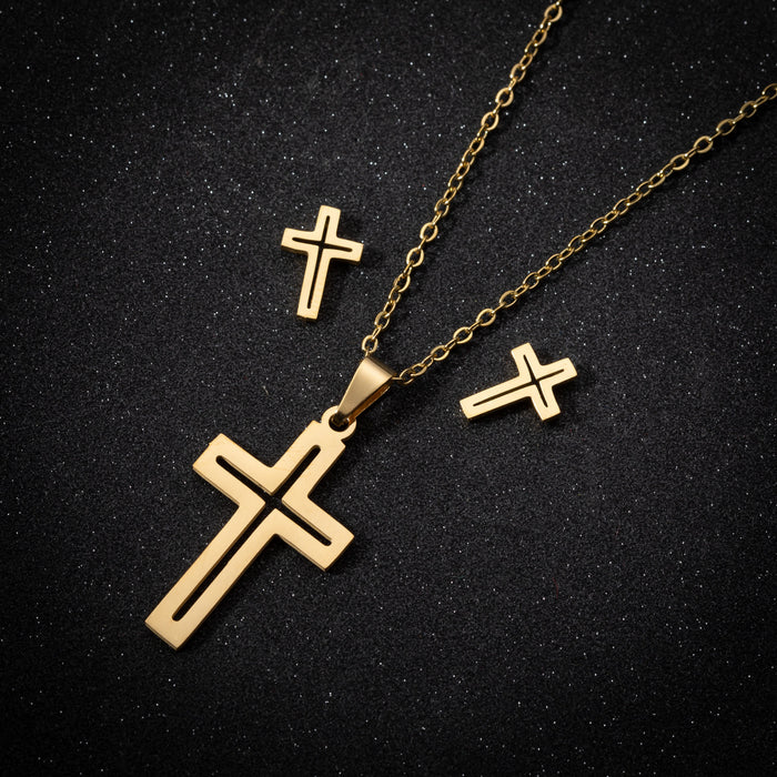 Cross pendant necklace earrings two-piece set, European and American fashion women's hollow jewelry wholesale