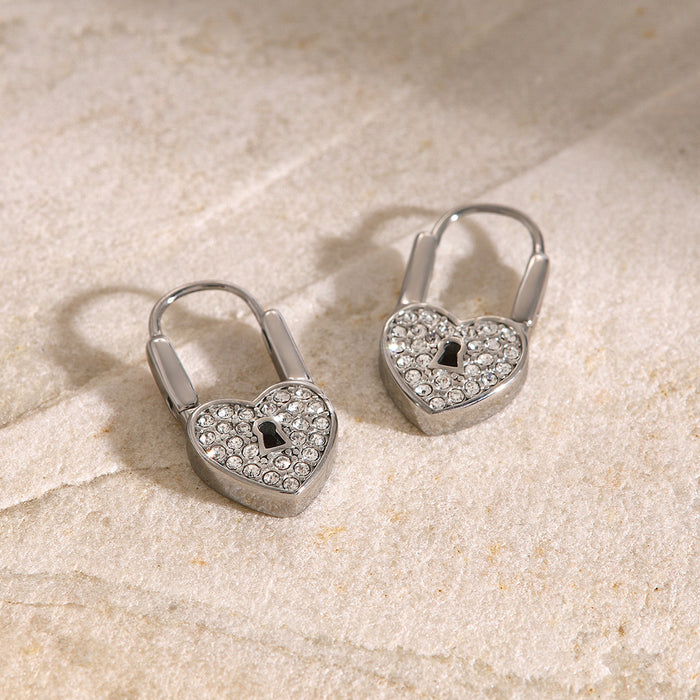 Stainless Steel Heart Lock Earrings - High-End Luxury Titanium Steel Earrings with Zircon Inlay