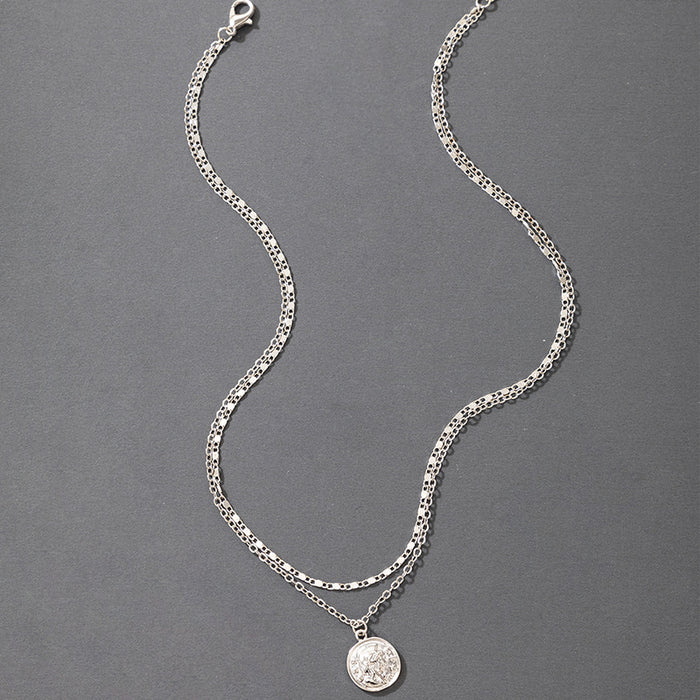 Human Face Multi-Layer Necklace with Metal Round Disc Double Layer Design