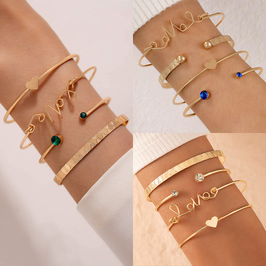 Heart Letter Bangle Set - Four-Piece Geometric Bracelet Stack