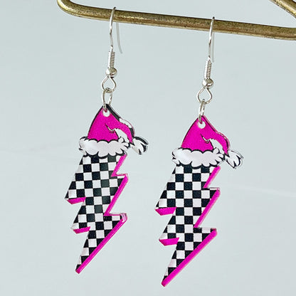 Pink Acrylic Christmas Santa Claus Christmas Tree Rugby Lightning Earrings - wallojewerly 