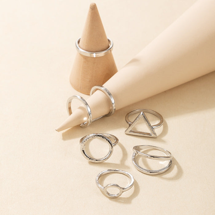 Simple geometric triangle ring set, alloy versatile silver six-piece set