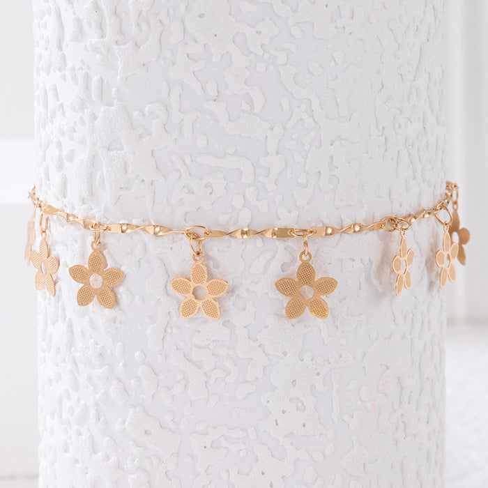 Flower Charm Anklet with Geometric Alloy Design