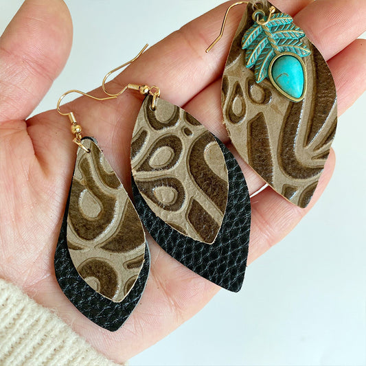 Vintage Embossed Cowhide Earrings with Turquoise and High-Quality Texture