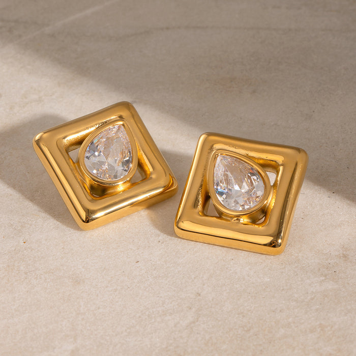 White zircon square earrings, simple and exquisite earrings, light luxury foreign trade