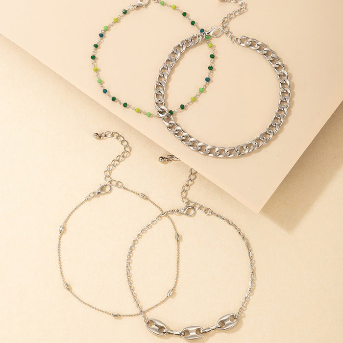 Seed Bead Metal Chain Anklet Four-Piece Set with Fashion Multi-Layer Chain