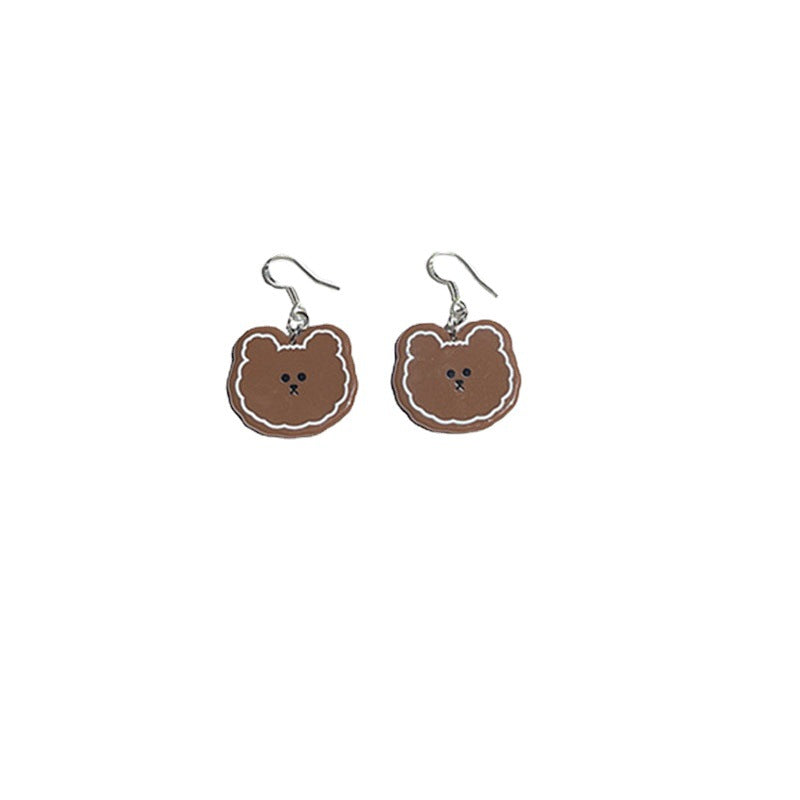 Retro brown bear earrings S925 silver needle childlike earrings