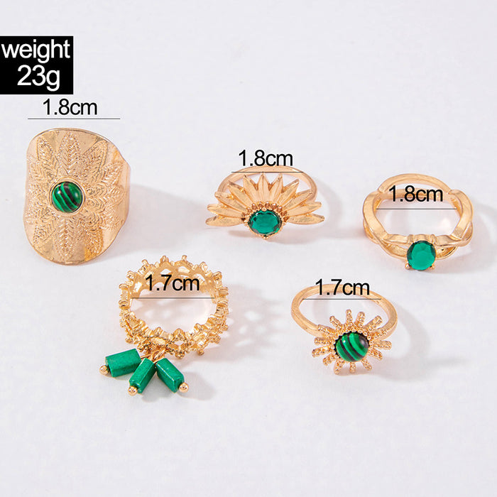 Vintage Exaggerated Gemstone Sunflower Ring Set - 5pcs Geometric Tassel Rings