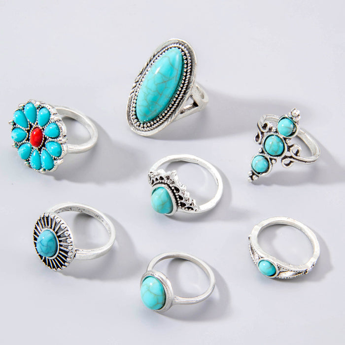 Bohemian Ring Set - 7pcs Vintage Flower Turquoise Rings