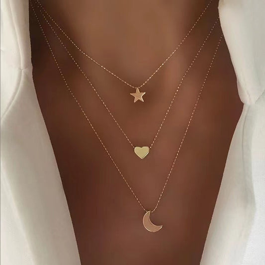 Fashionable New Layered Necklace with Gold Five-Pointed Star Heart Moon Pendant