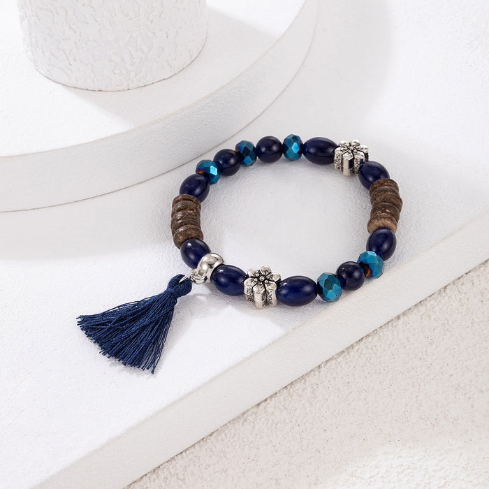 Pulsera de borlas de cuentas azules de estilo étnico con dije floral