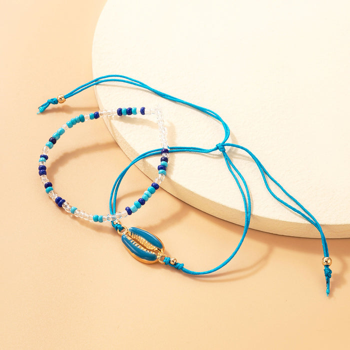 Ethnic Blue Shell Braided Double-Layer Bracelet with Geometric Beads