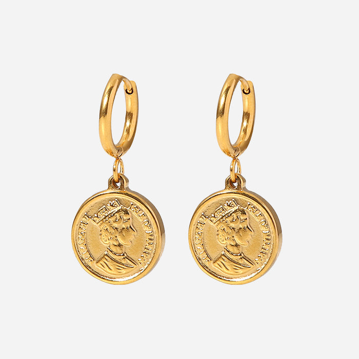 18K Gold Plated Stainless Steel Earrings - Queen Elizabeth Coin Pendant Jewelry