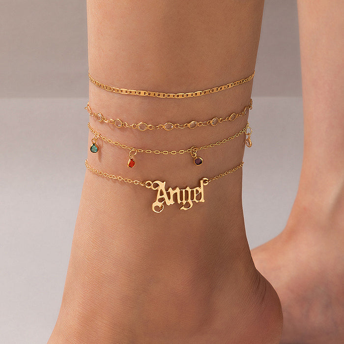 Creative Multi-Layer Letter Angel Anklet Four-Piece Set with Colorful Rhinestone Anklet